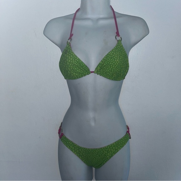 Volcom  2 pc Triangle Top Bikini XS Swimsuit Reversible Pink Green Set - Picture 9 of 12